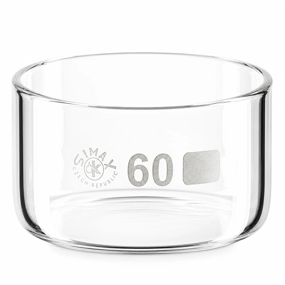 Taça de cristalização Simax de 60 ml, em vidro borossilicato, sem bico, de forma cilíndrica