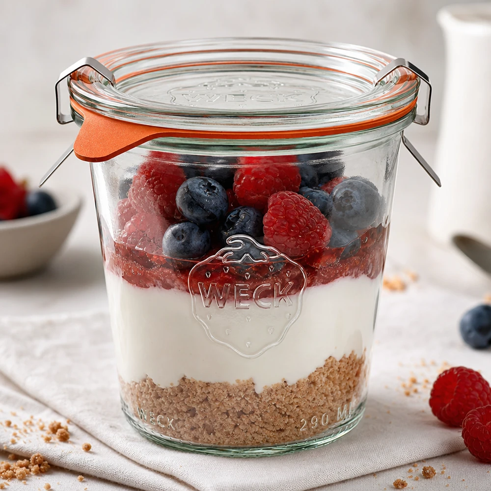 Copos WECK 290 ml RR80 como jarra de sobremesa com iogurte, bagas e muesli em camadas numa superfície branca