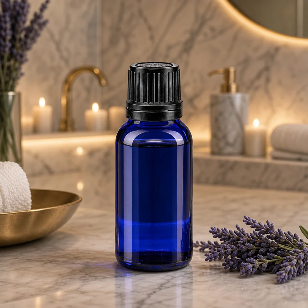 Garrafa de vidro azul de 10 ml com tampa de segurança preta sobre mármore, ao lado de flores de lavanda