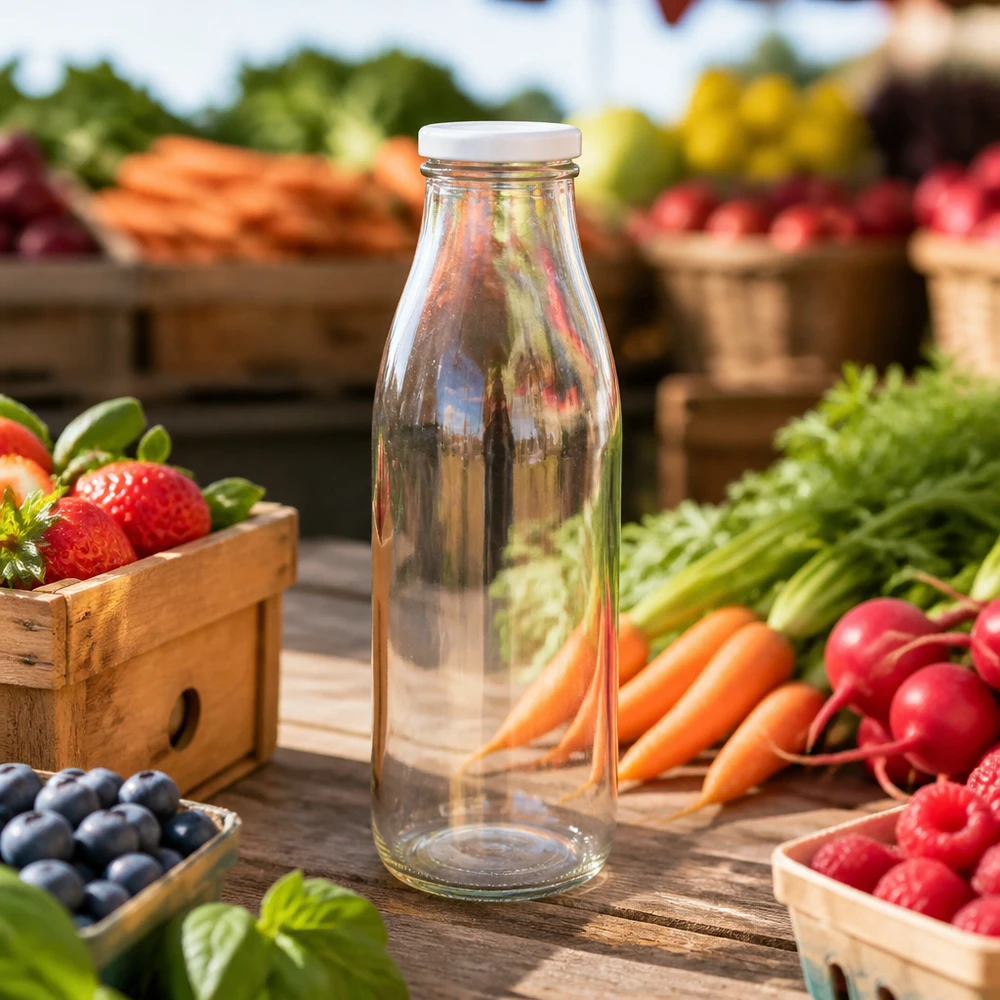 Frasco de vidro de 500 ml + tampa BasicSeal branca UNiTWIST Garrafa de vidro de 500 ml com tampa BasicSeal numa mesa de madeira entre frutas e legumes frescos na banca do mercado