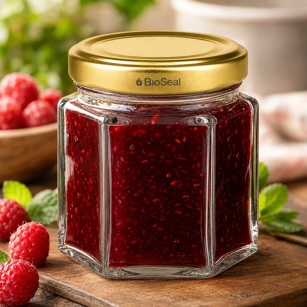 Frasco de mel hexagonal de 60 g de BioSeal com compota de framboesa vermelha numa tábua de madeira decorada com framboesas frescas
