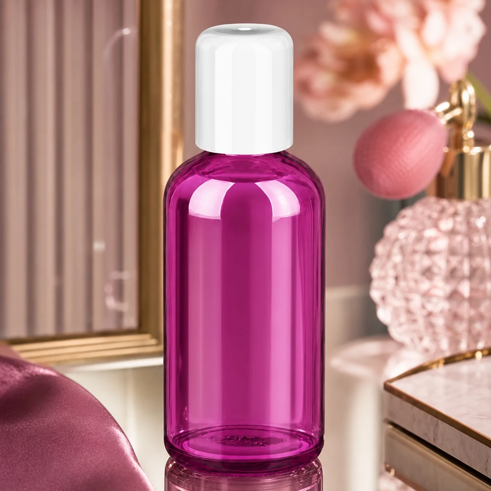 Frasco roll-on transparente de 100 ml em vidro roxo com tampa branca para aplicações cosméticas