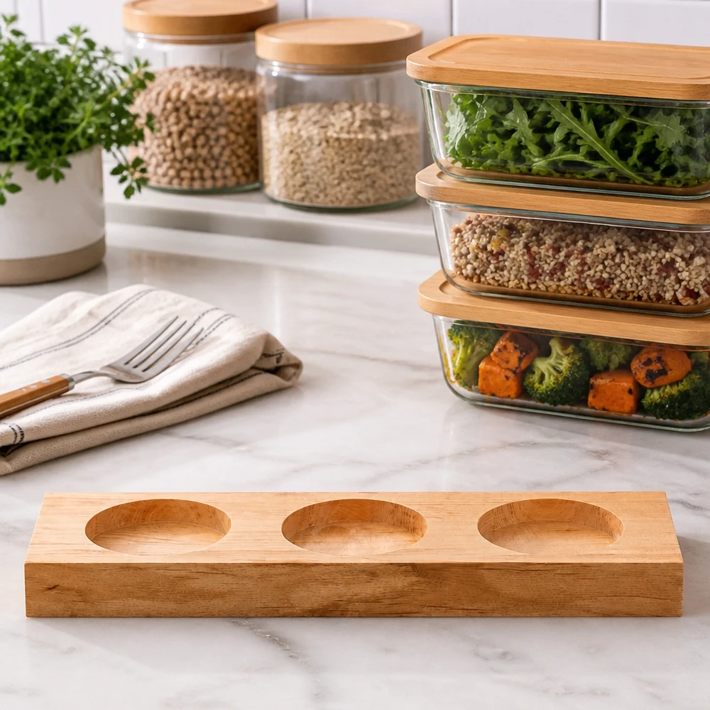 Tábua de servir em bambu Plano3 sobre balcão de mármore em cozinha moderna com recipientes de preparação de refeições e frascos de arrumação