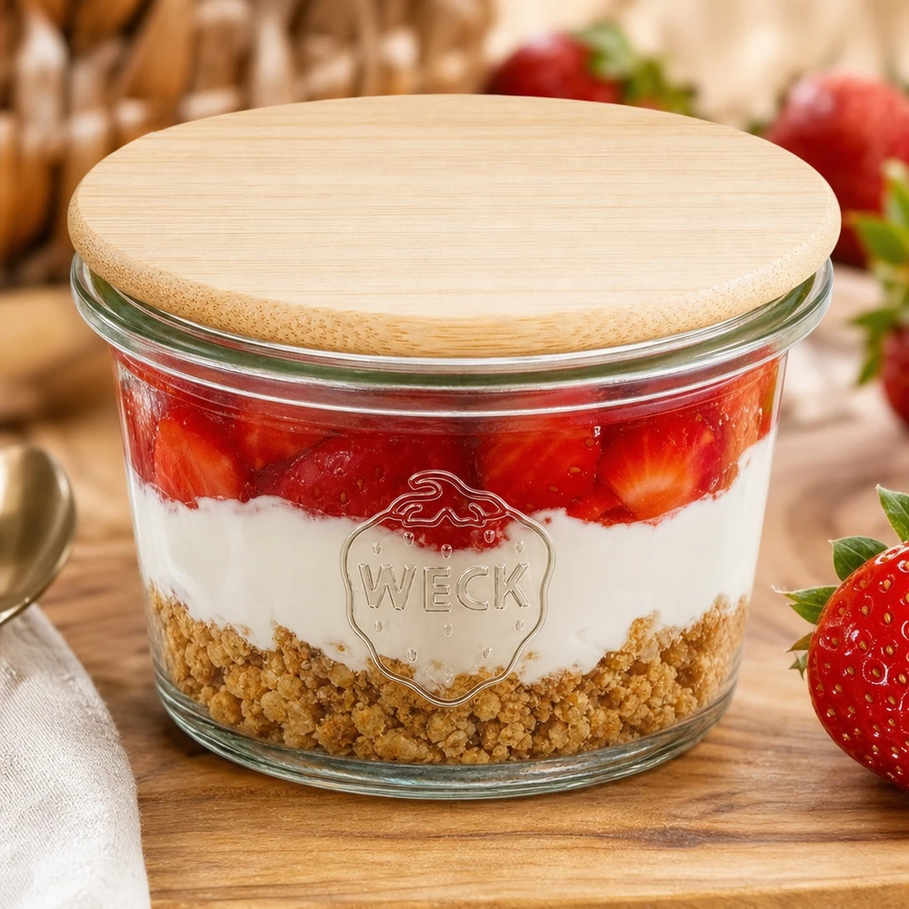 35ml Mini Sturzglas WECK RR40 mit Holzdeckel WECK mini frasco de pedreiro de 35 ml RR40 com tampa de madeira de bambu cheio de morangos sobre uma tábua de madeira com morangos frescos
