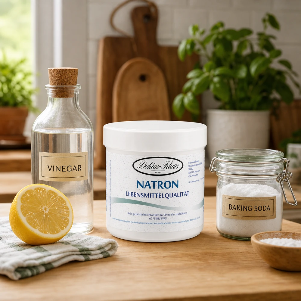 Bicarbonato de sódio Doctor Klaus 250g de qualidade alimentar com vinagre e bicarbonato de sódio para uma limpeza natural