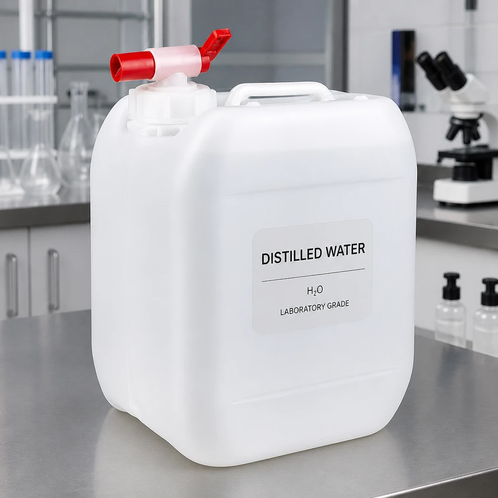 Bidão de 5 litros com torneira de escoamento Recipiente de laboratório de 5 litros com água destilada, com etiqueta e uma prática torneira