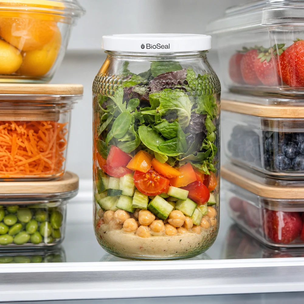 Frasco de mel de 900 ml com tampa BioSeal como recipiente de preparação de refeições no frigorífico, cheio de salada, grão-de-bico e legumes