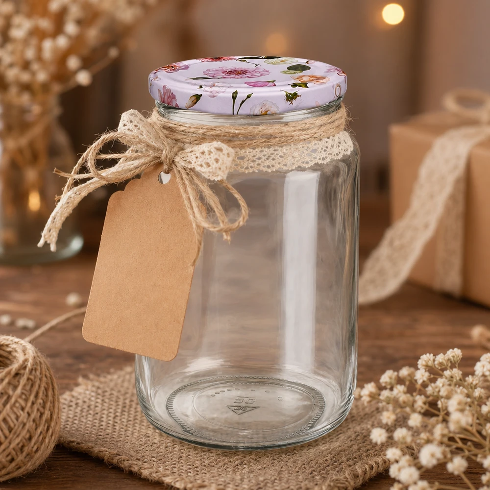 Frasco redondo de 795 ml vazio com tampa BasicSeal flores cor-de-rosa decoração rústica cordão de juta etiqueta de papel kraft embalagem para presente