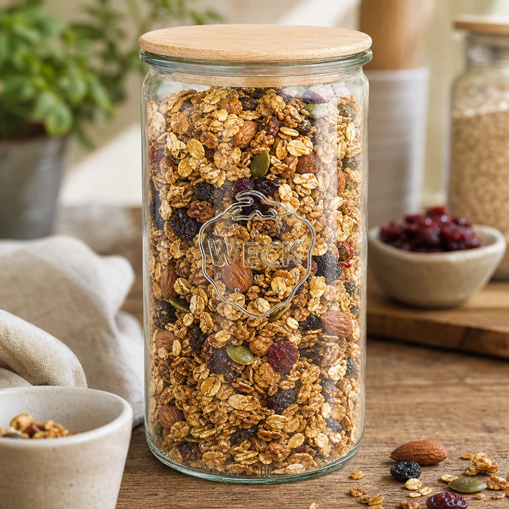 Frasco de armazenamento WECK 1590ml RR100 cheio de muesli e nozes como organizador de cozinha numa mesa de madeira
