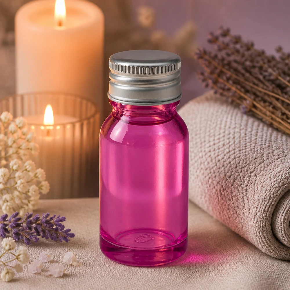 Frasco de vidro roxo de 10 ml com abertura de 11 mm e tampa de alumínio prateada para bem-estar e spa