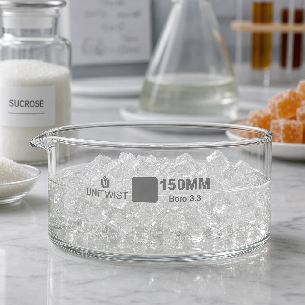 Bandeja de cristalização ø150 mm UNiTWIST Boro 3.3 com cristais de açúcar (sacarose) para aplicações laboratoriais