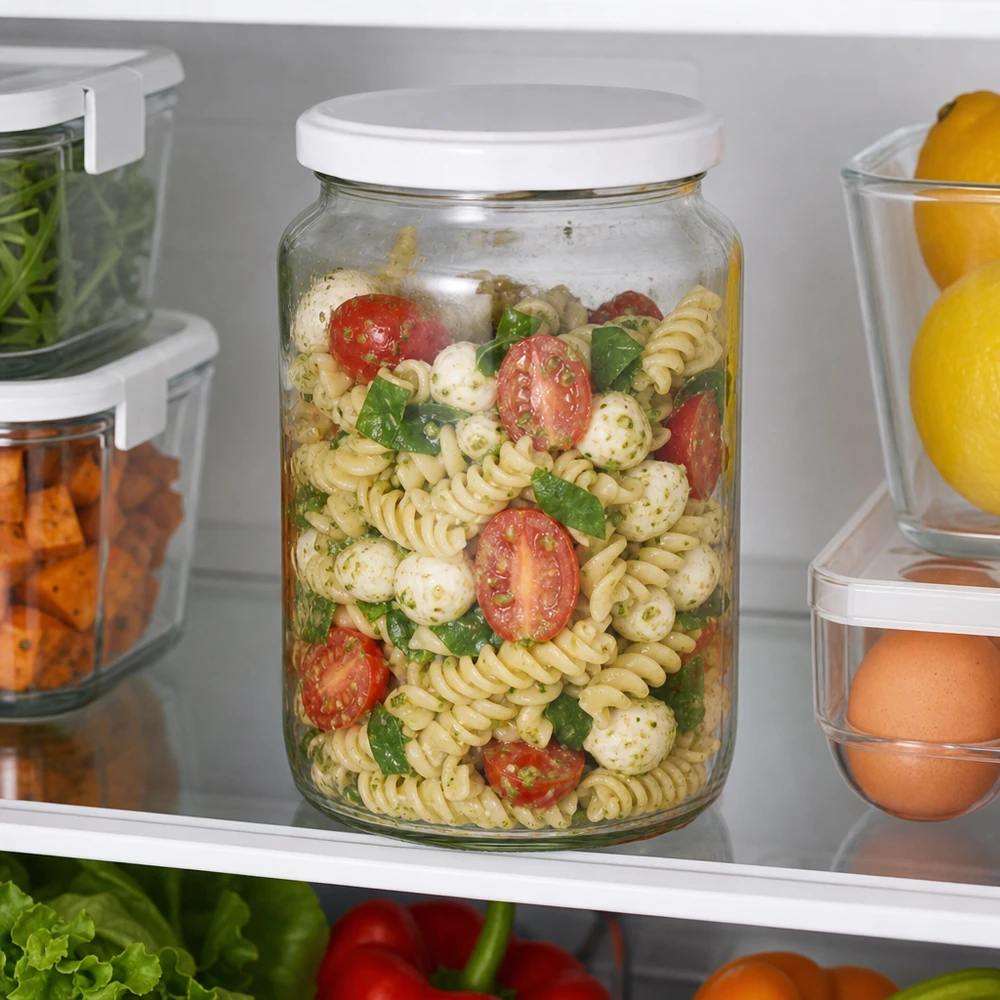 O frasco redondo UNiTWIST de 795 ml como recipiente de preparação de refeições no frigorífico, cheio de salada de massa, mostra uma retenção perfeita da frescura