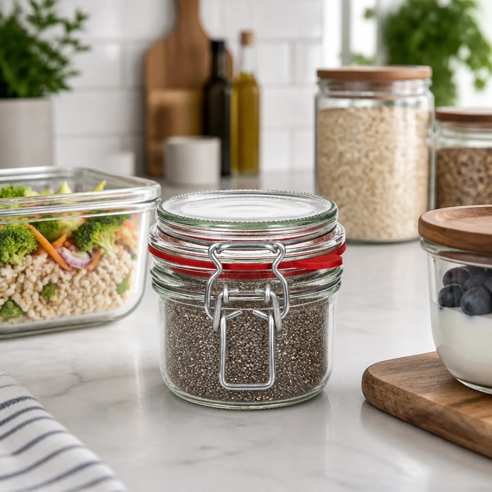 Frasco de conserva de 255 ml, tipo G, com tampa de fecho de alça UN.. Stilvolle Küchenorganisation mit 255ml Vorratsglas Bügelverschluss für Gewürze und Trockenvorräte auf Marmortheke