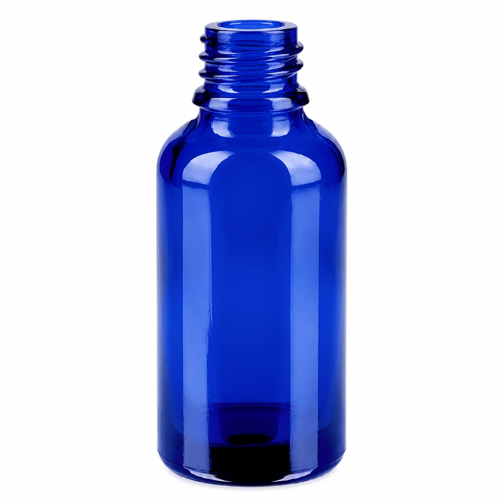 Frasco conta-gotas azul de 30 ml em vidro com rosca de 11 mm para uma dosagem precisa de líquidos