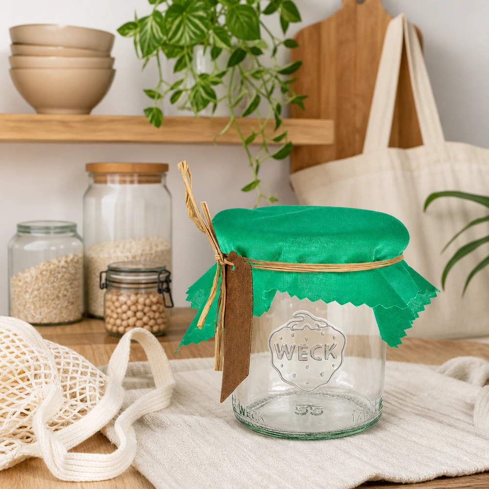 Pano decorativo verde de 12 cm quadrado no frasco WECK em cozinha sustentável sem desperdício com recipientes de armazenamento e saco de juta