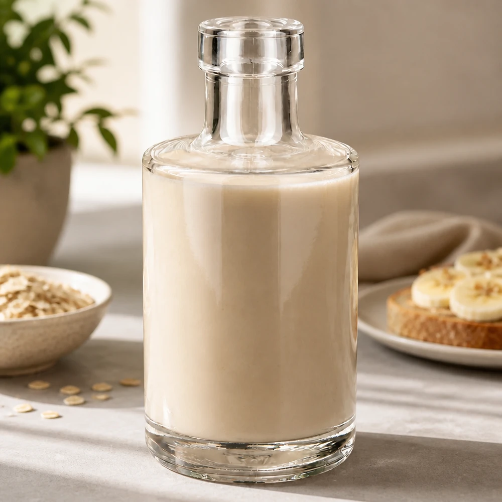 Garrafa de vidro Marie 200ml cheia de leite de aveia Cena de cozinha em estilo de vida com flocos de aveia e pão Aplicação
