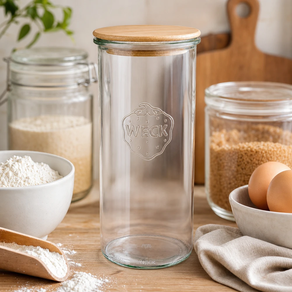 Copos de vidro de 1500ml WECK RR100 com tampa de madeira WECK RR100 Frasco de vidro de 1500 ml com tampa de madeira para farinha, cereais, pastelaria, decoração de cozinha, estilo escandinavo