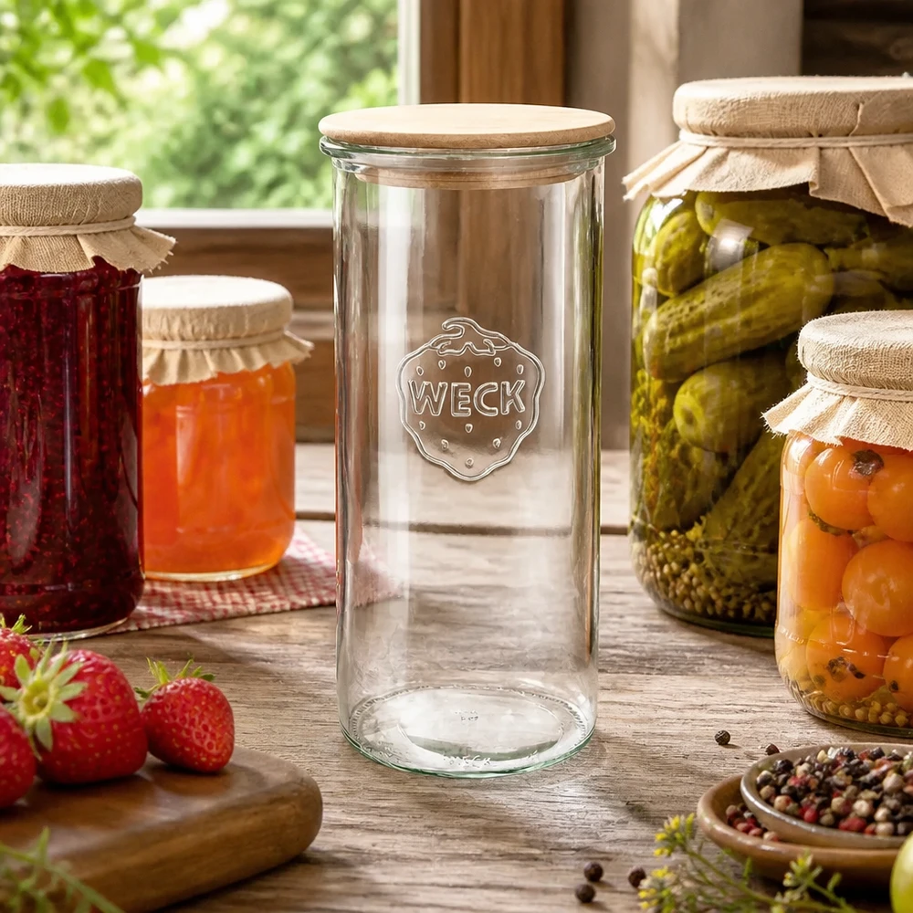 Copos de vidro de 1500ml WECK RR100 com tampa de madeira Frasco de conserva WECK RR100 de 1500 ml com tampa de madeira em cozinha rústica com compota e pepinos em conserva