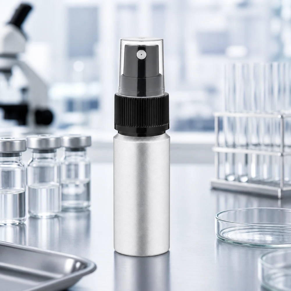 Frasco de alumínio de 20 ml testado em laboratório com atomizador para produção de cosméticos profissionais