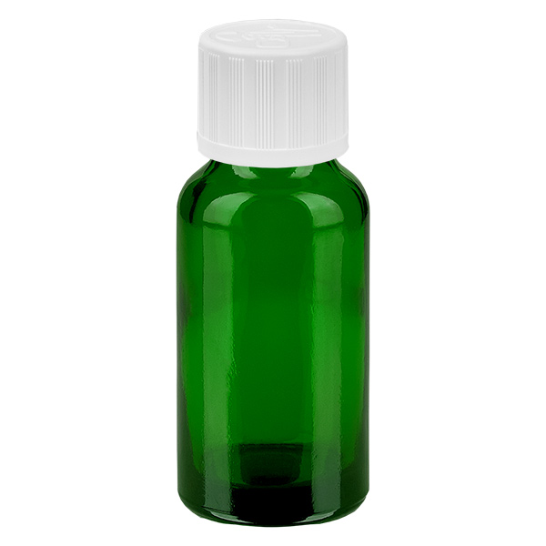 Frasco de 20 ml com tampa de rosca de 11 mm e tampa de segurança para crianças branca padrão GreenLine UT18/20