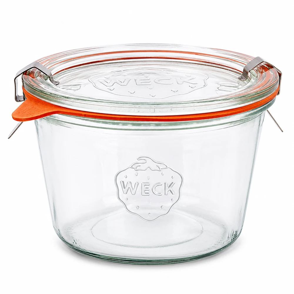 Frasco de vidro WECK 370ml RR100 com tampa de vidro e anel de borracha laranja conjunto completo para conservas e enlatados