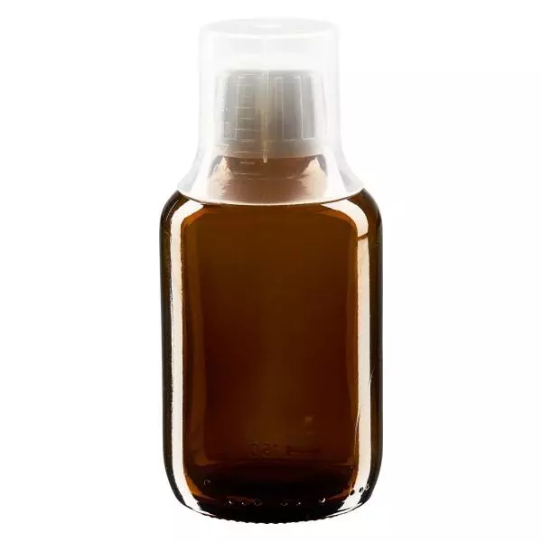 Frasco para medicamentos de 150 ml castanho, tampa inviolável com copo doseador 30 ml ApoGlas Frasco para medicamentos de 150 ml castanho, tampa inviolável com copo doseador 30 ml ApoGlas