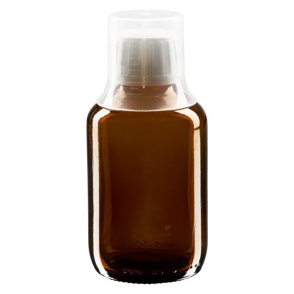 Frasco para medicamentos de 150 ml castanho, tampa inviolável com copo doseador 30 ml ApoGlas Frasco para medicamentos de 150 ml castanho, tampa inviolável com copo doseador 30 ml ApoGlas