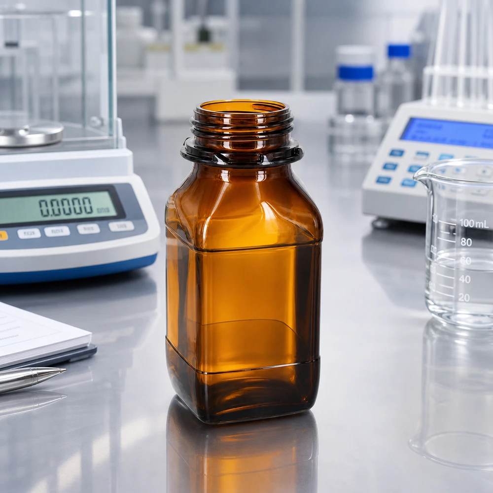 Frasco para produtos químicos de 500 ml com gargalo largo e proteção UV graças à coloração castanha do vidro para aplicações laboratoriais