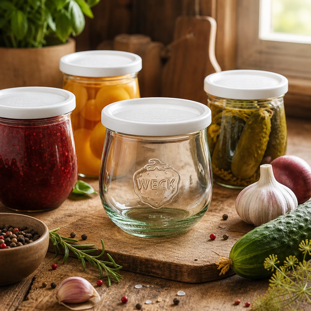 Frasco em forma de tulipa de 370 ml com tampa de conservação WECK RR80 Frasco tulipa WECK 370ml RR80 em cena de cozinha com conservas, especiarias e ervas aromáticas dispostas numa tábua de madeira