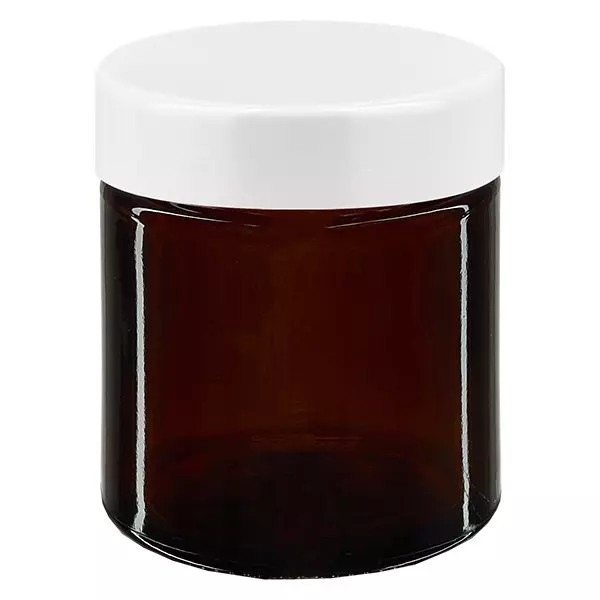Frasco de vidro de 30 ml. castanho, com tampa de baquelite branca ApoGlas Frasco de vidro de 30 ml. castanho, com tampa de baquelite branca ApoGlas