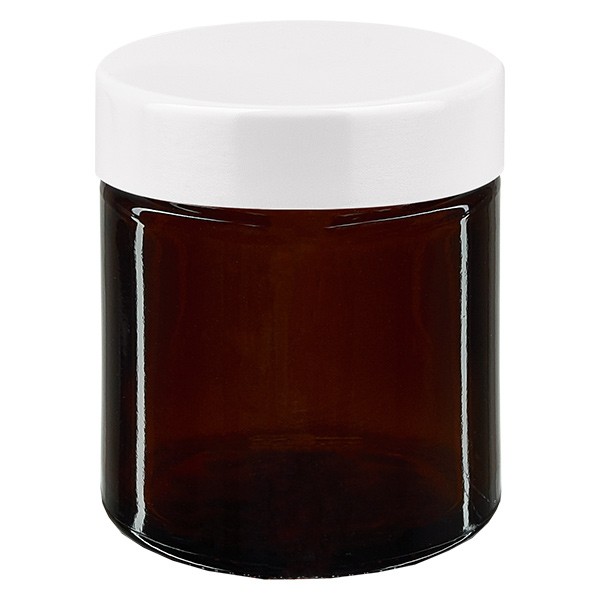 Frasco de vidro de 30 ml. castanho, com tampa de baquelite branca ApoGlas