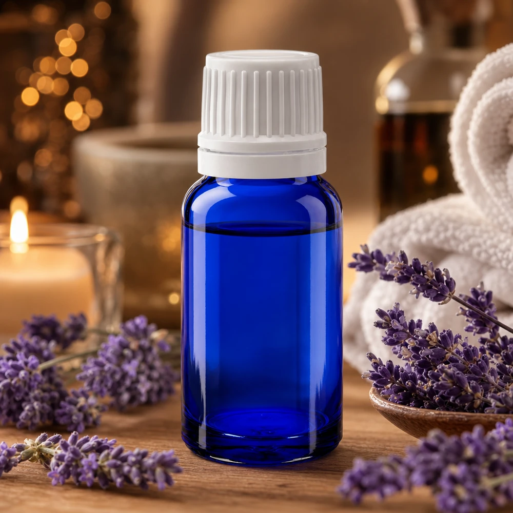 Pequeno frasco de vidro azul de 10 ml com tampa de segurança para crianças branca, para óleos essenciais