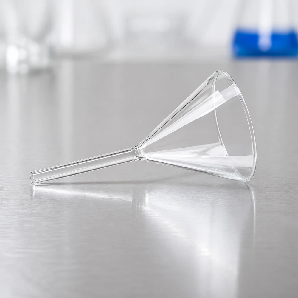 Funil de laboratório resistente em vidro de cal e soda, com um design compacto que permite um armazenamento que poupa espaço