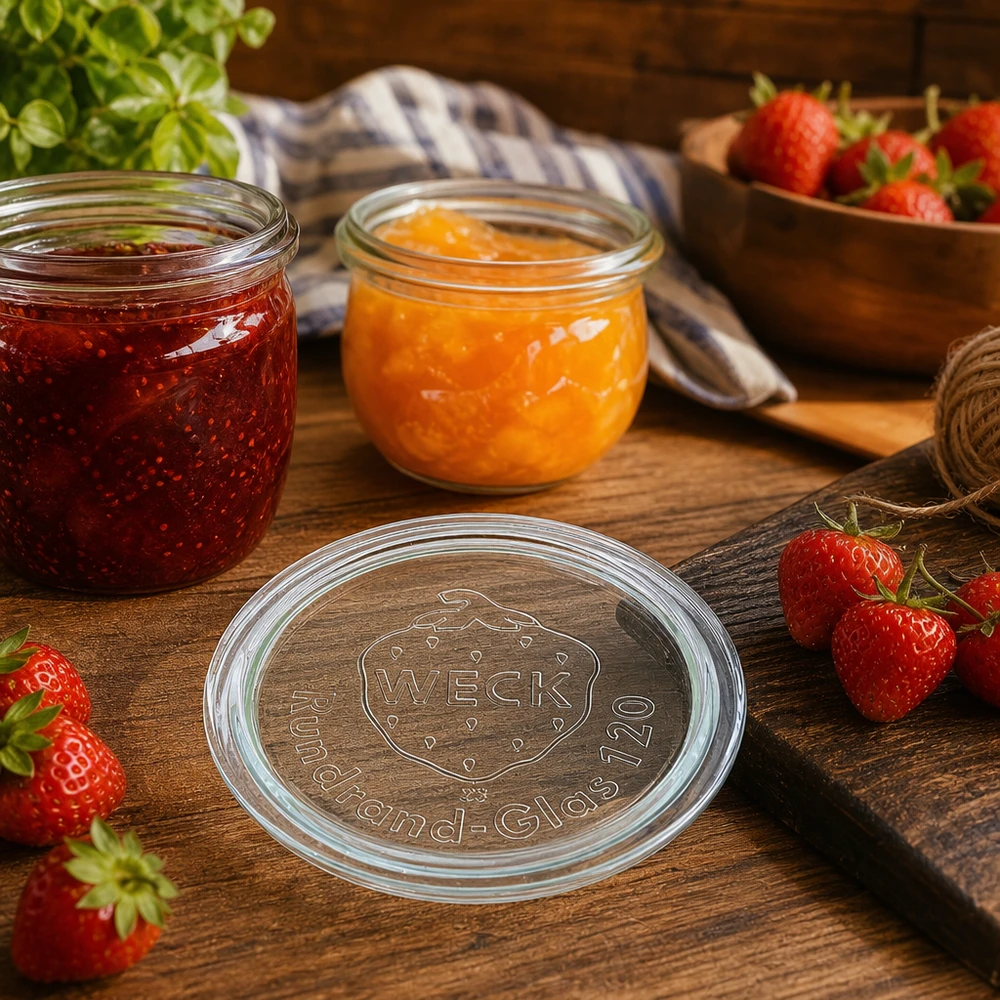 Tampa de vidro WECK RR120 WECK Glasdeckel RR120 für stilvolle Marmeladengläser und Konservierung von Obst in rustikaler Küche mit Erdbeeren