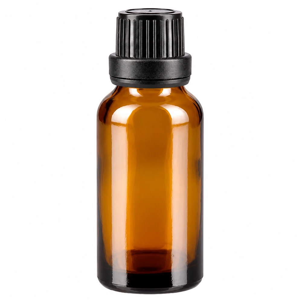 Frasco de vidro castanho de 20 ml com tampa original preta e conta-gotas de 2 mm em vidro de farmácia