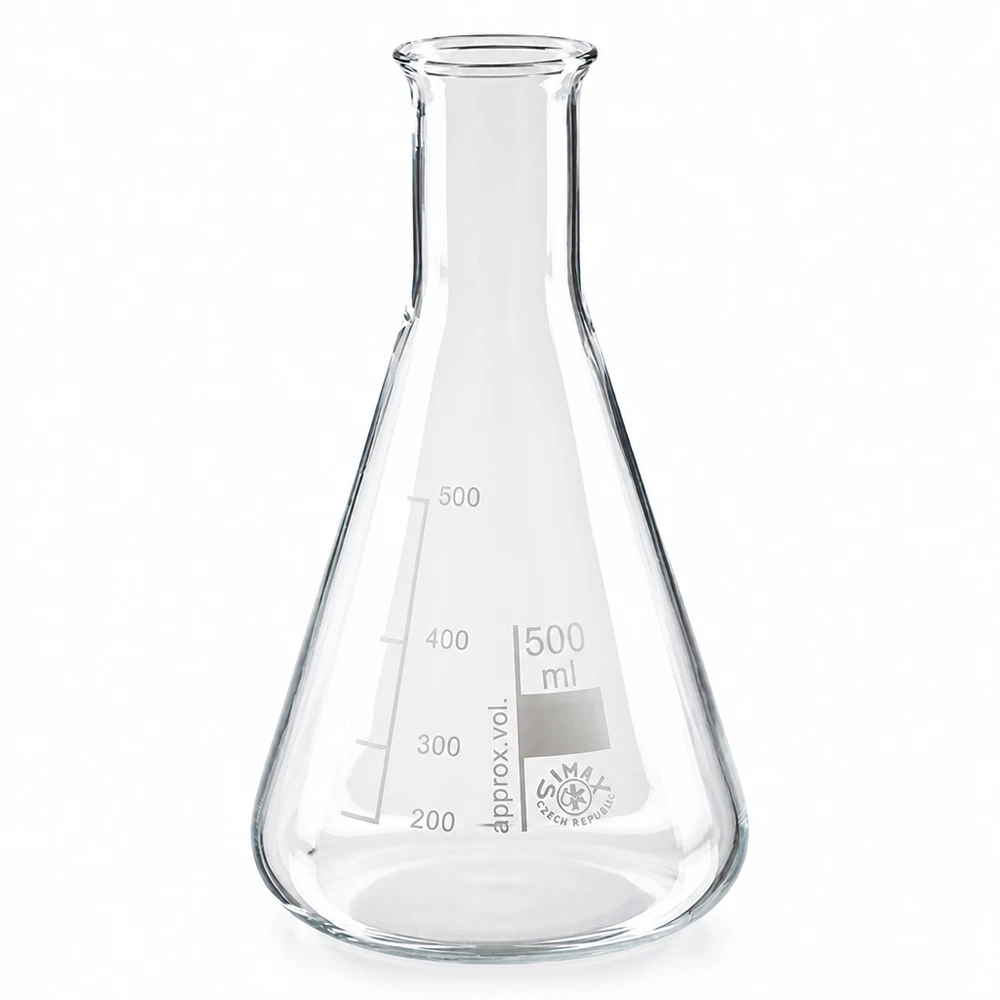 Erlenmeyer de 500 ml com gargalo estreito em vidro borossilicato para aplicações laboratoriais