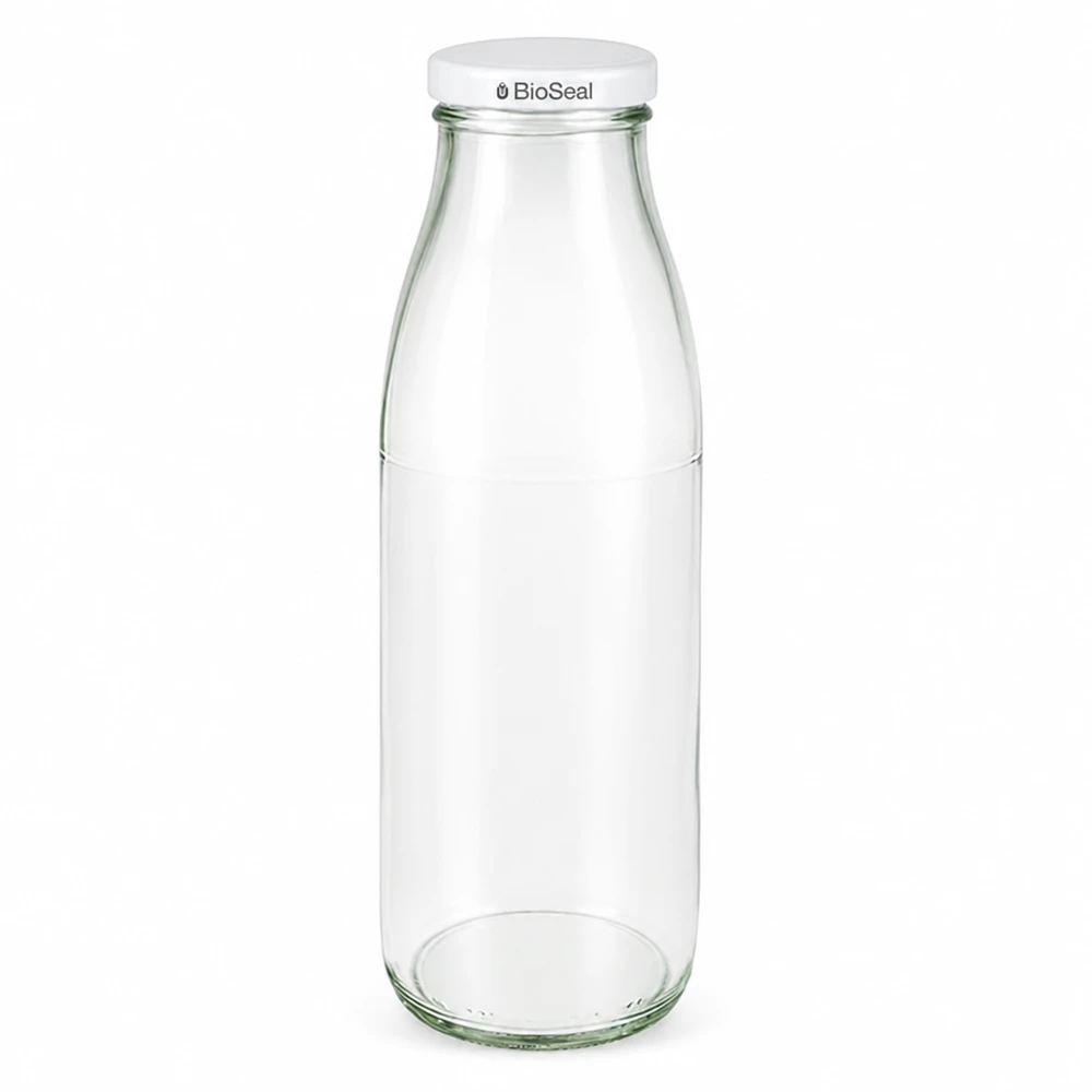 Garrafa de vidro de 500 ml com tampa BioSeal branca, transparente, certificada pela ONU, garrafa de leite para alimentos e bebidas