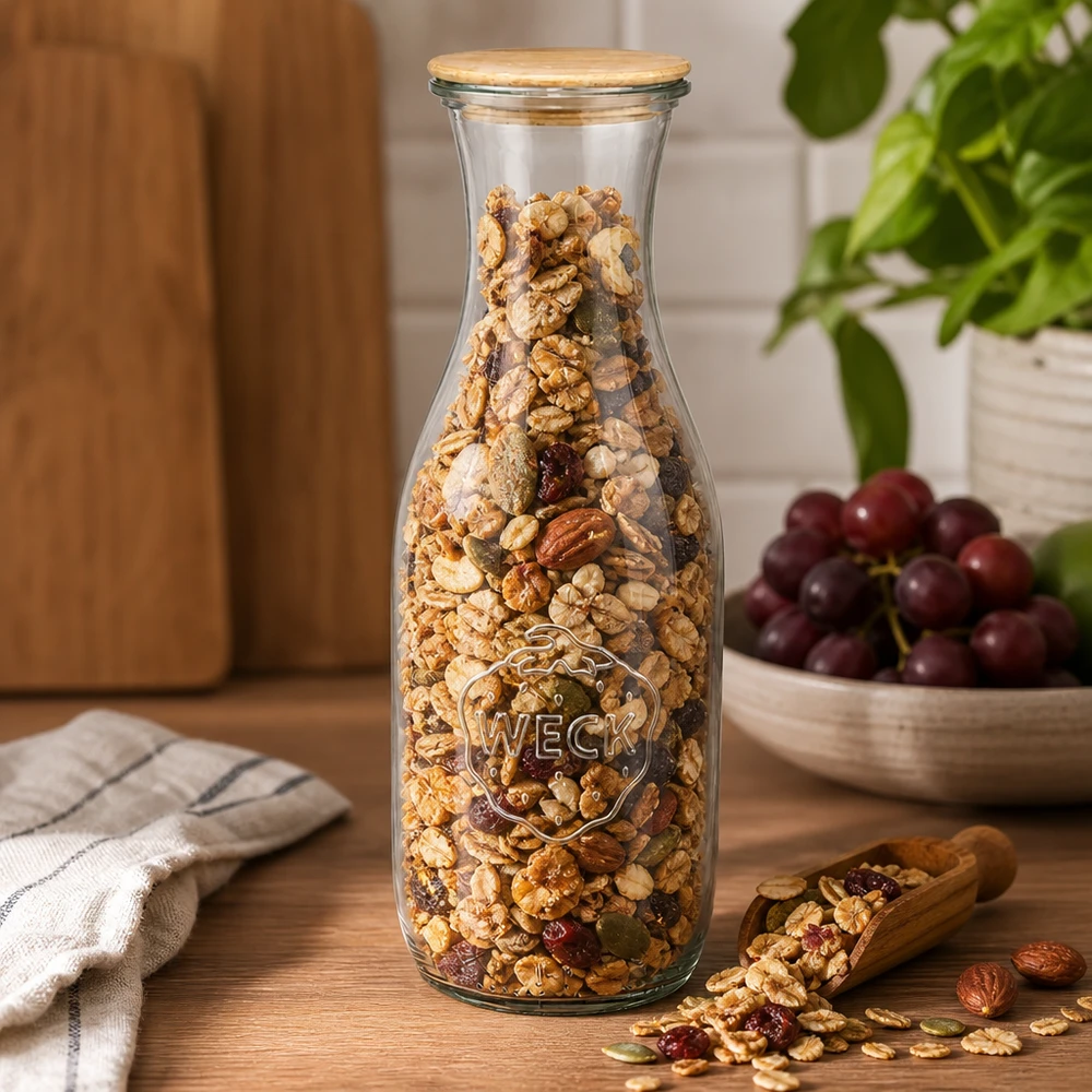 Garrafa de sumo de 1062 ml WECK RR60 com tampa de madeira Garrafa de sumo WECK de 1062 ml com tampa de madeira, cheia de muesli e nozes, em cima de uma mesa de madeira, ao lado de uvas e de uma pá