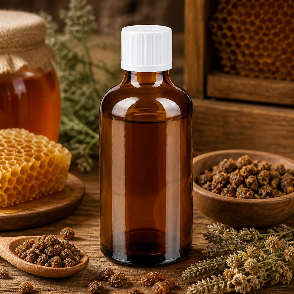 Frasco de farmácia castanho 50ml tampa de rosca branca padrão resistente a crianças Frasco de farmácia de vidro castanho de 50 ml com tampa de segurança para crianças branca, entre favos de mel e própolis