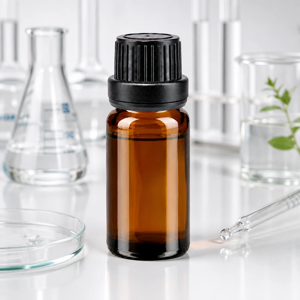 Frasco de farmácia castanho 10ml tampa conta-gotas anel de vazamento 2mm tampa preta inviolável Frasco conta-gotas castanho de 10 ml com bico conta-gotas de 2 mm e tampa OV preta, em ambiente de laboratório
