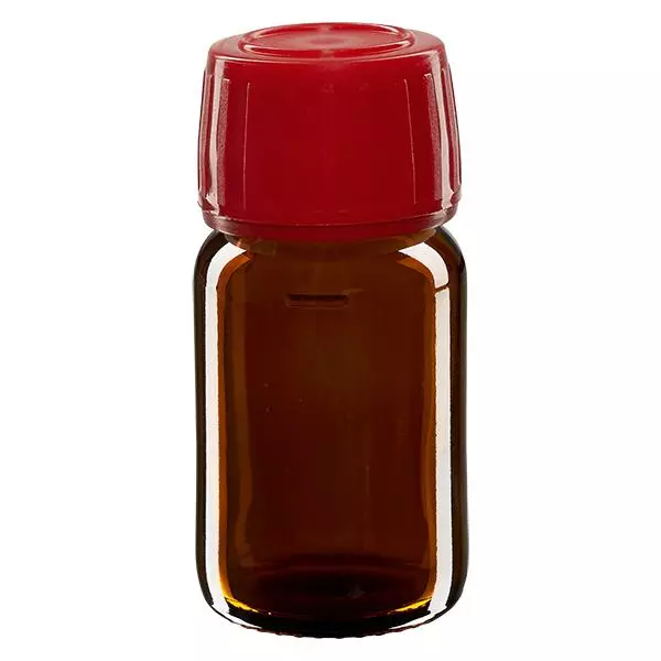 30ml Medizinflasche braun, Verschluss rot mit Originalitätsring ApoGlas 30ml Medizinflasche braun, Verschluss rot mit Originalitätsring ApoGlas