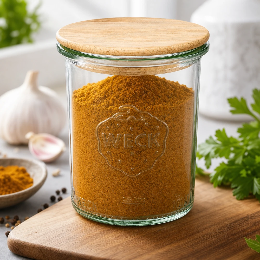 Copos de vidro WECK RR60 de 160ml com tampa de madeira WECK 160ml RR60 frasco de pedreiro com tampa de bambu cheio de açafrão-da-terra especiarias tábua de cozinha alho ervas