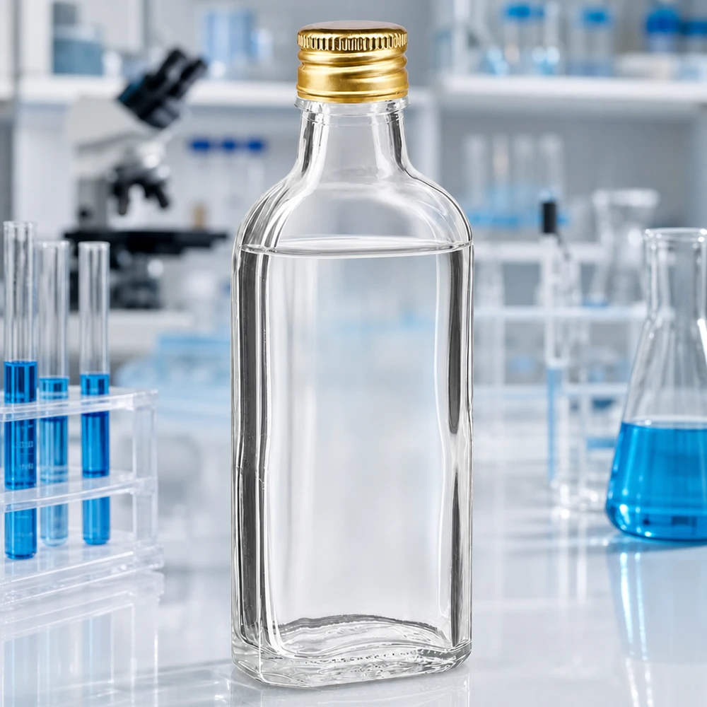 100 ml Meplat transparente com tampa de alumínio dourada PP22 Frasco Meplat transparente de 100 ml com tampa de alumínio PP22 dourada num laboratório científico