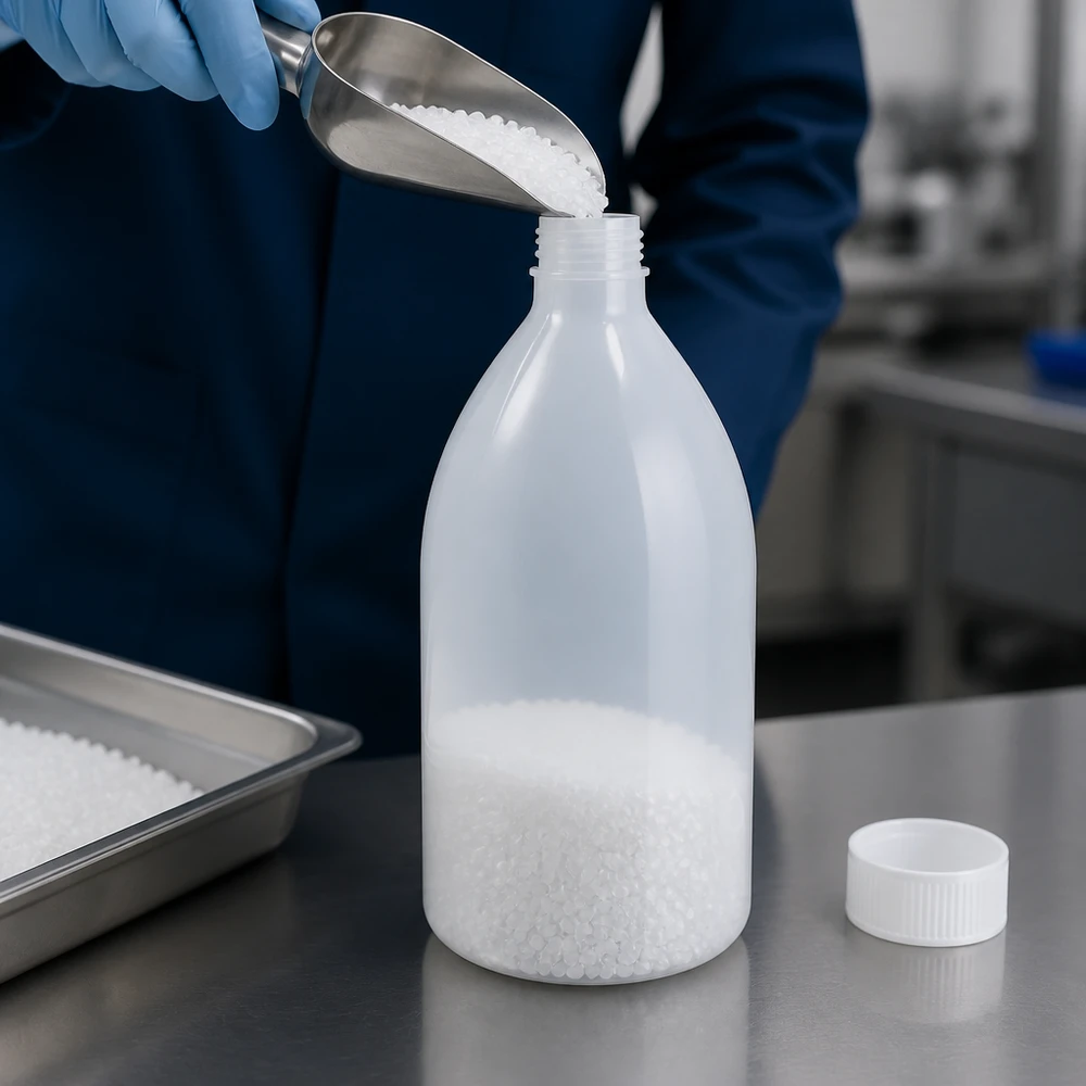 Frasco de laboratório de gargalo estreito de 1000 ml em HDPE, sem tampa, é enchido com granulado