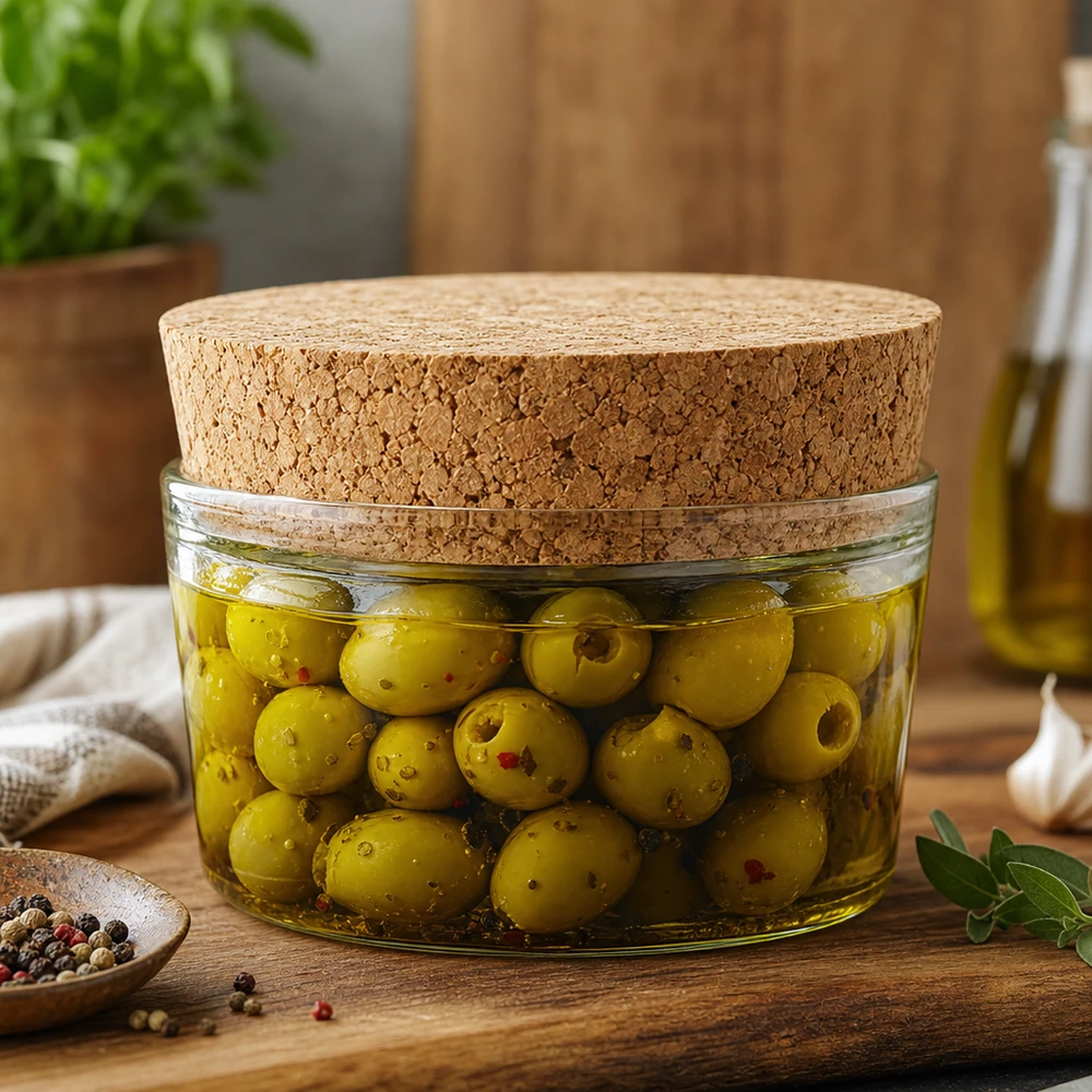 Rolha de cortiça para abertura de 40mm WECK RR40 (ø38/43, H=20mm) Eingelegte Oliven in Glasdose mit WECK Korken RR40 Naturkork Verschluss mediterrane Küche luftdichte Aufbewahrung 40mm