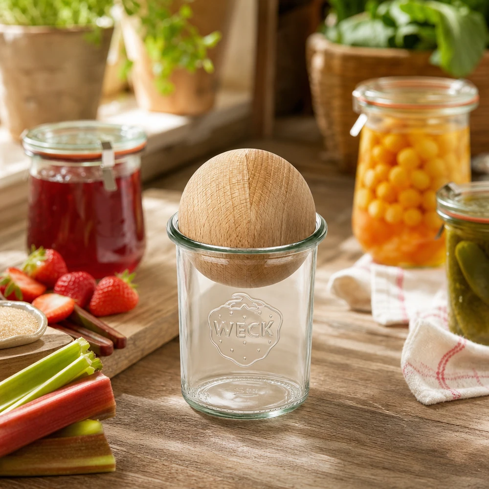 Copos de vidro WECK RR60 de 160ml com bola de madeira em faia WECK Sturzglas 160ml mit Buchenkugel in rustikaler Küche neben Marmeladengläsern und frischen Zutaten dekoriert