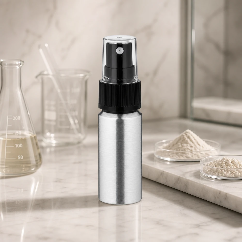Frasco de alumínio polido de 20ml com nebulizador Frasco de alumínio polido de 20 ml com cabeça de pulverização preta para cosméticos e perfumes