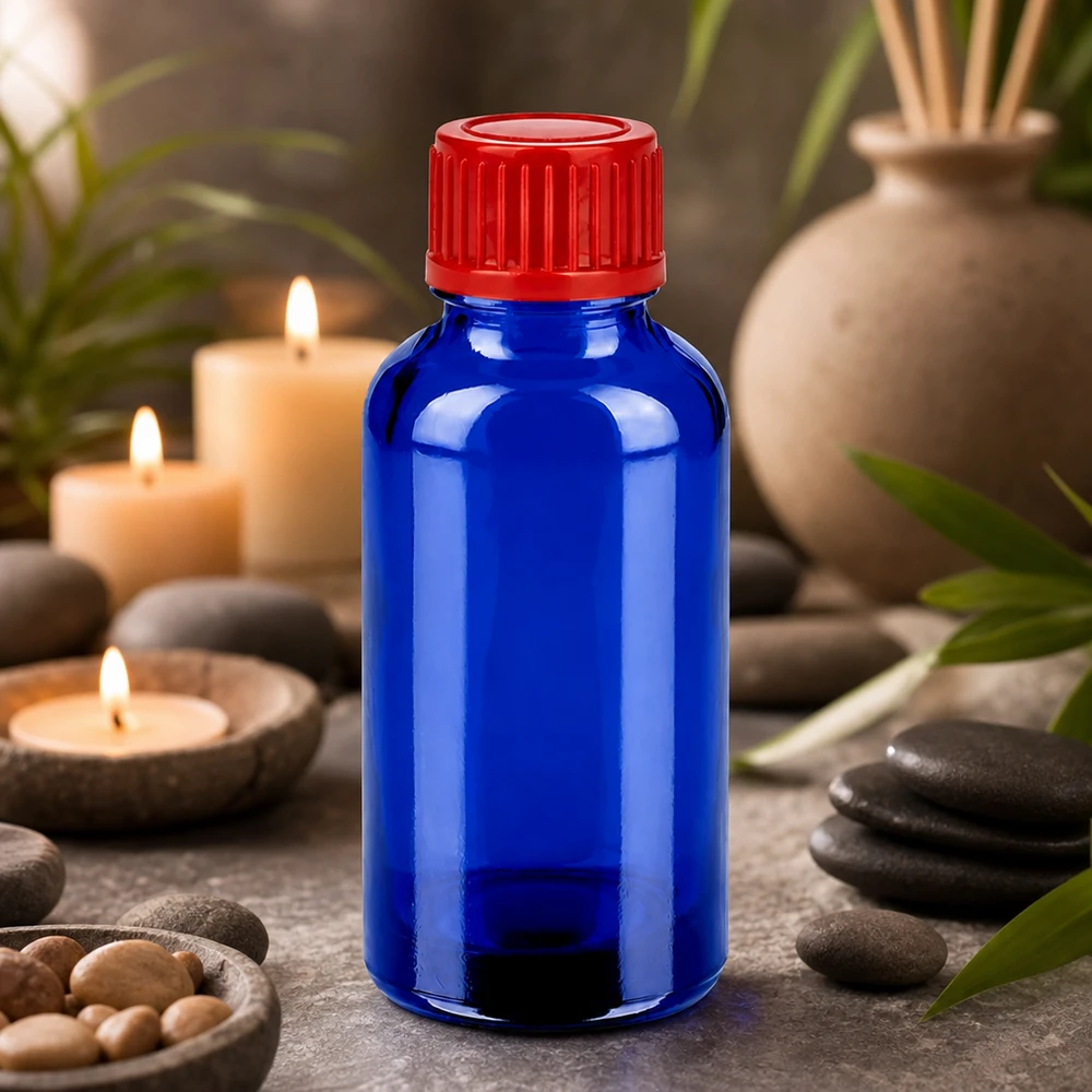 Frasco conta-gotas de 30 ml em vidro azul com proteção UV e tampa vermelha à prova de fugas