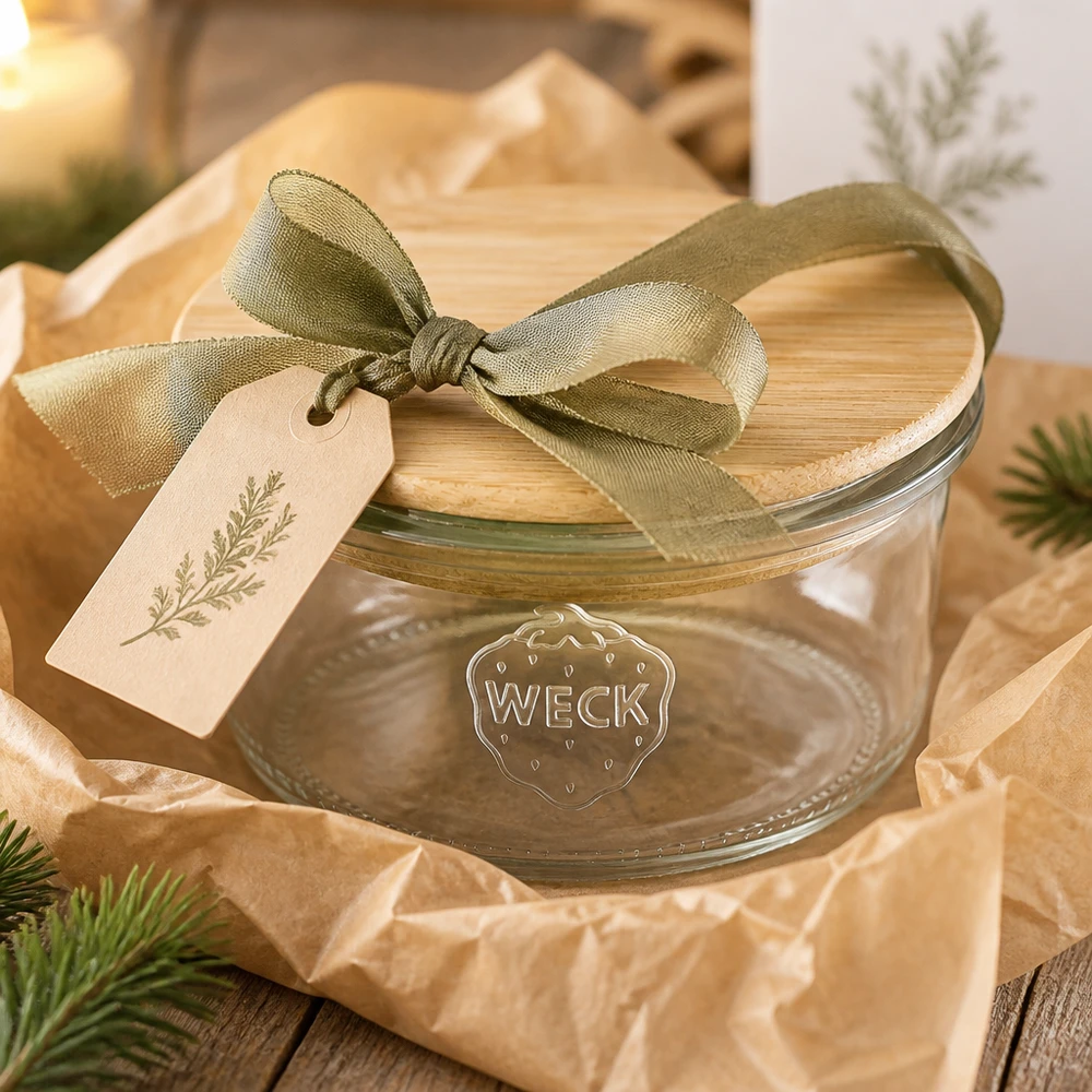 Copos de vidro WECK RR80 de 165 ml com tampa de madeira Copos WECK RR80 de 165 ml como conjunto de oferta com um laço verde e um pendente decorado para o Natal numa mesa de madeira