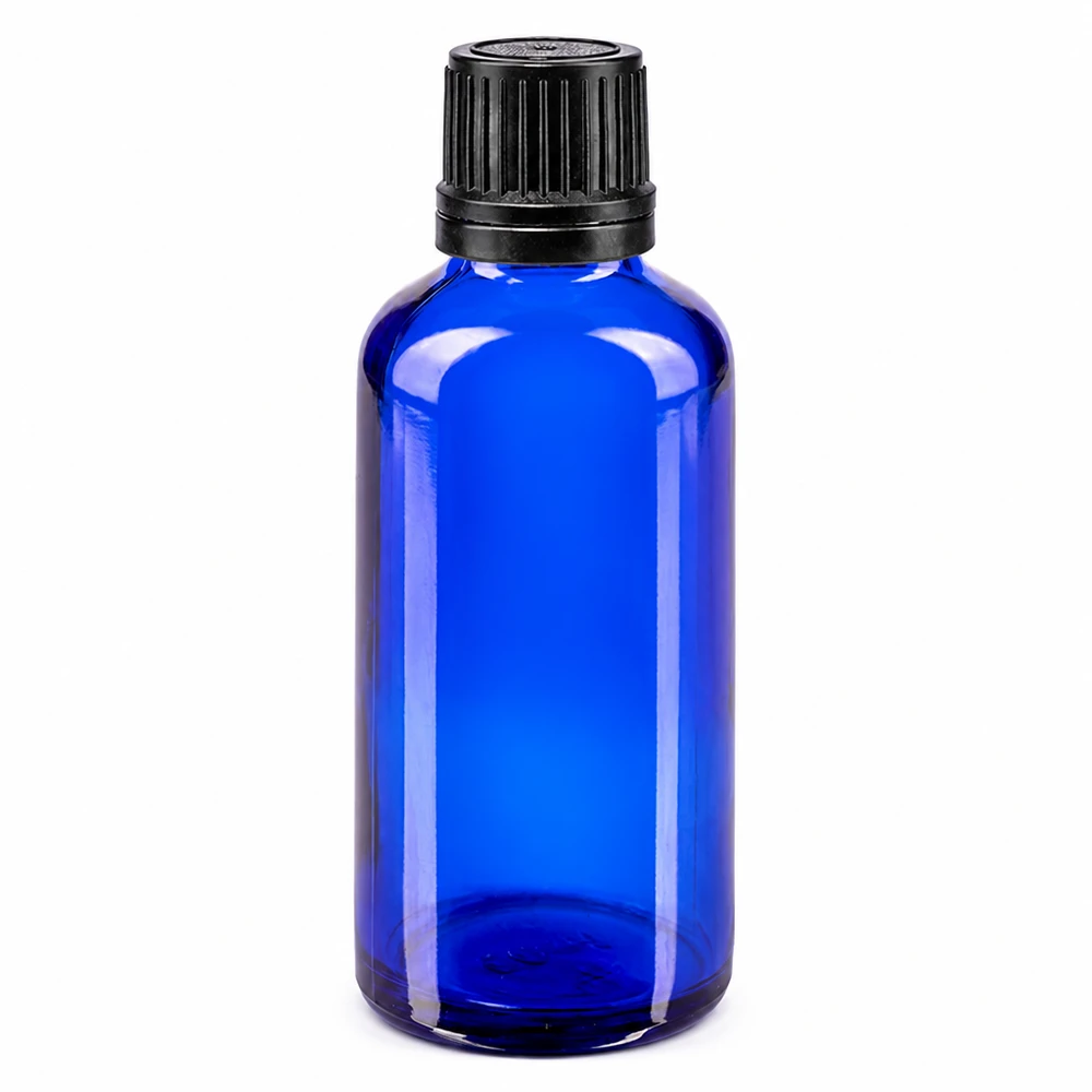 Frasco de vidro azul de 50 ml com tampa OV preta e aplicador conta-gotas de 1 mm em vidro de farmácia